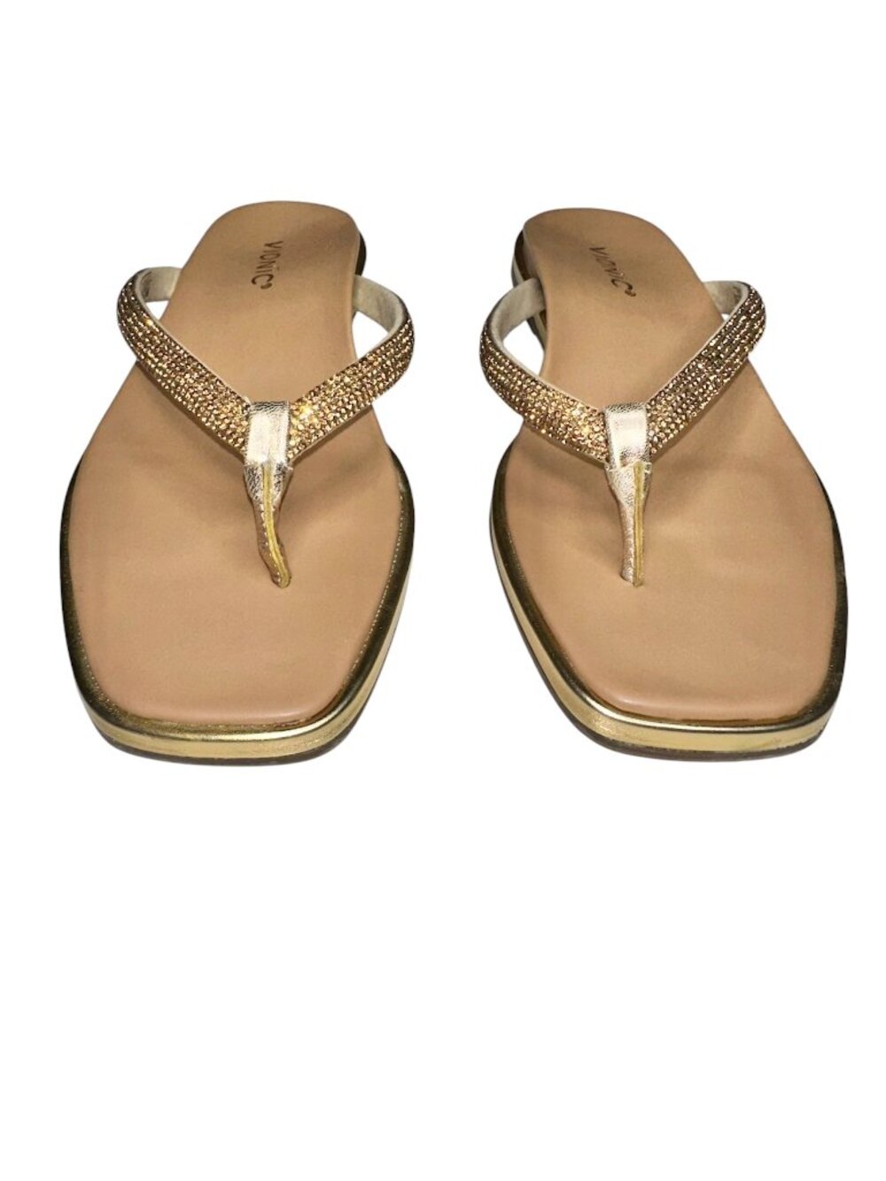 Vionic Vista Shine Flip Flops Gold Rhinestone Thong Sandals Women’s Size 8